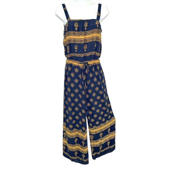 By Together Navy Gold Wide Loose Boho Cropped Leg Elastic Top Jumpsuit Size Med - Picture 1 of 8